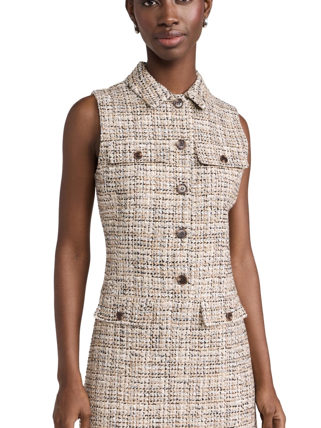 Theory Beige Tweed Sleeveless Button-Front Shift Dress